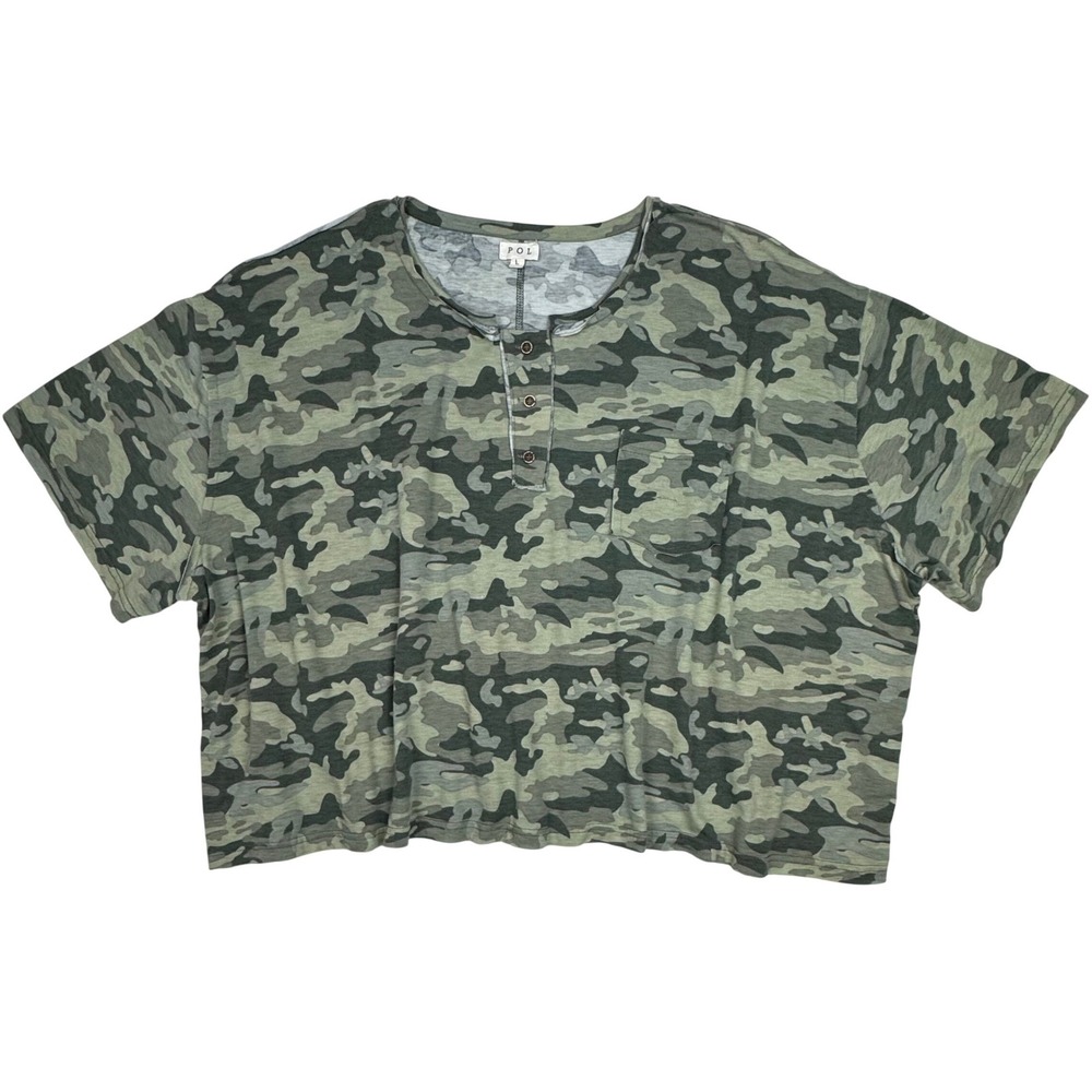 POL Camo‎ Henley Top Distressed Boxy Oversized Women Large Green Streetwear Chic